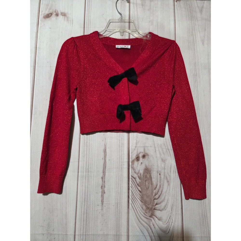 Knit Works Girls Red Metallic Sparkle Bow Shrug Cropped Cardigan Size M 10/12